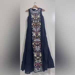 SAMANT CHAUHAN Anthropologie Black Maxi Dress with Multicolor Embroidery